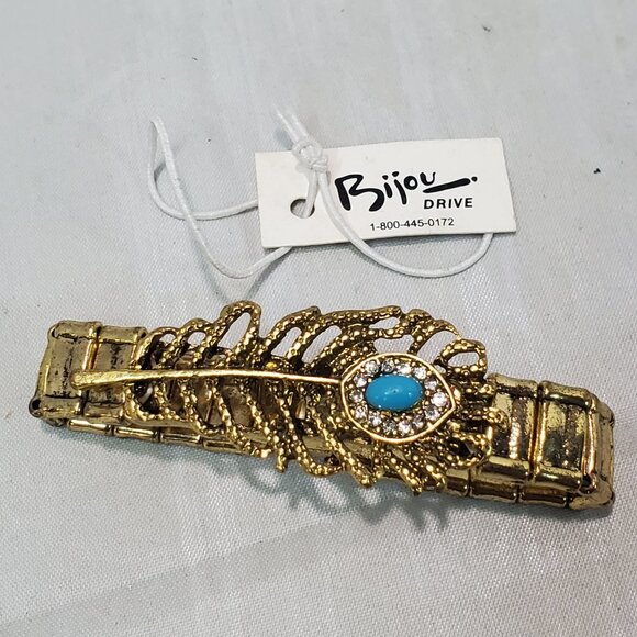 Bijou Vintage Gold Tone Stretch Ring with Feather and Turquoise Accent: - Picture 4 of 6